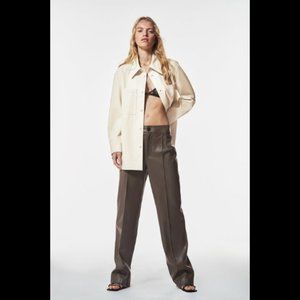 NWT Zara Francoise Full Length Straight Leg Faux Leather Pant Grey/Brown Size L